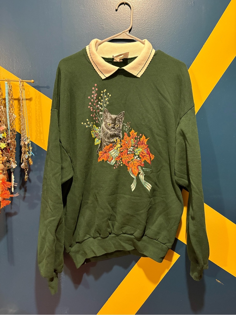 Vintage Morning Sun Dark Olive Fall Kitten Sweater EUC